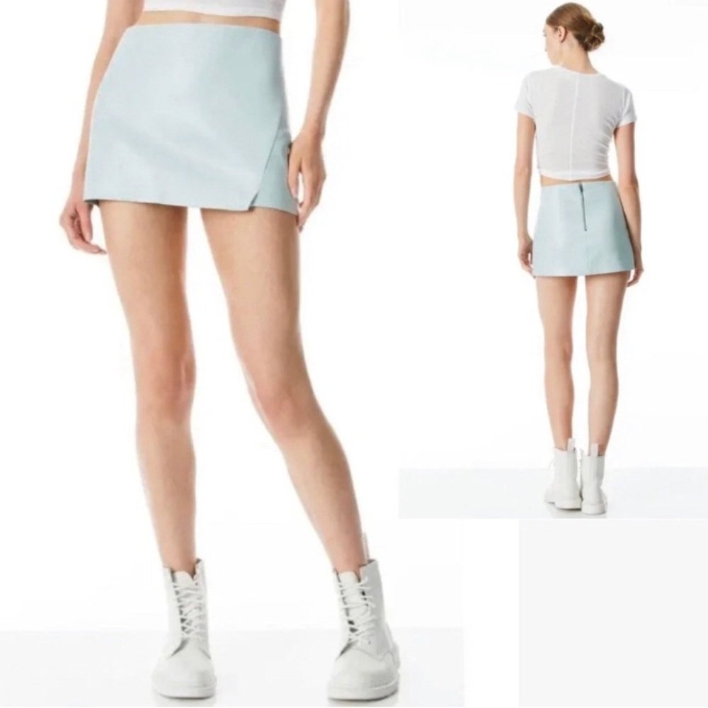 Alice + Olivia Siobhan Vegan Leather Wrap Mini Skirt Mint Ice Blue Size 6